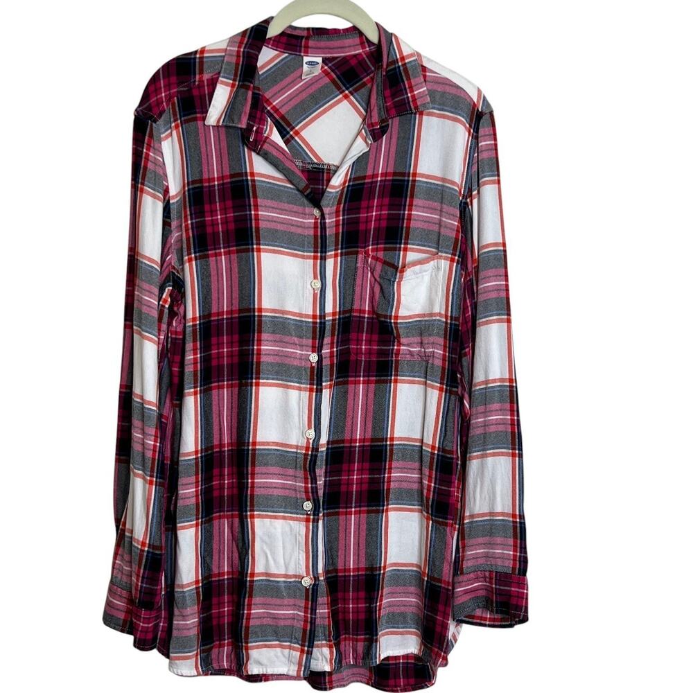 Old Navy Womens Lightweight Flannel Shirt L Pink Gray White Plaid Button Up